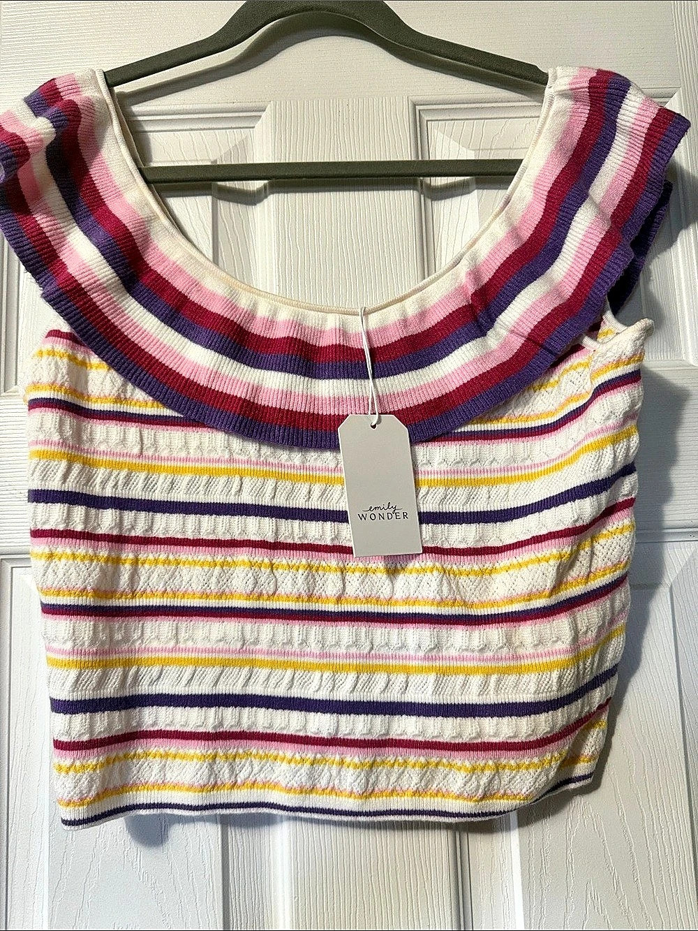 Emily Wonder Striped Ruffle Crop Top in White & Purple NWT